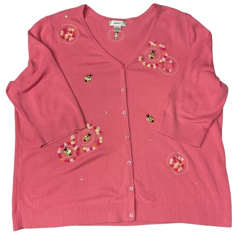 CJ Banks Beaded Embroidered Bee Floral Button Up Knit Cardigan Sweater Size 2X